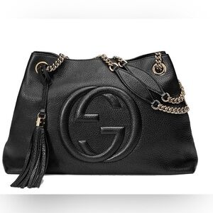 Authentic Gucci Soho Tote Tassel Pebbled Calfskin Leather Chain Shoulder Bag GG